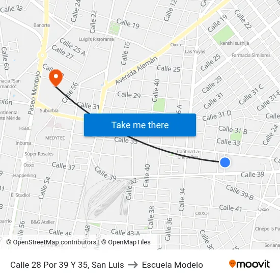 Calle 28 Por 39 Y 35, San Luis to Escuela Modelo map