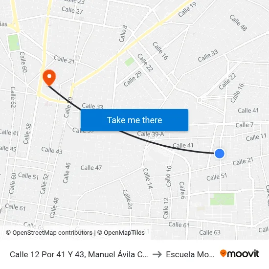 Calle 12 Por 41 Y 43, Manuel Ávila Camacho to Escuela Modelo map