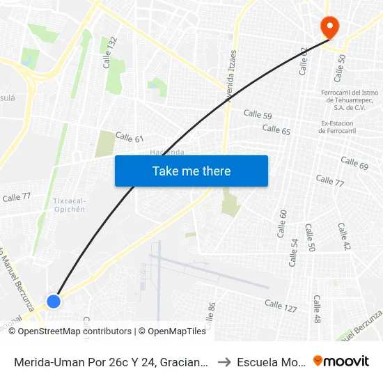 Merida-Uman Por 26c Y 24,  Graciano Ricalde to Escuela Modelo map