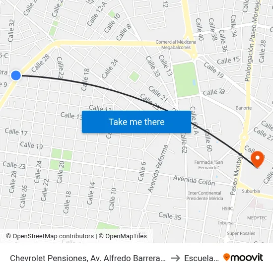 Chevrolet Pensiones, Av. Alfredo Barrera Por Calle 32 Y 28, San Damián to Escuela Modelo map