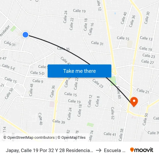 Japay, Calle 19 Por 32 Y 28 Residencial Del Norte (Chenku) to Escuela Modelo map