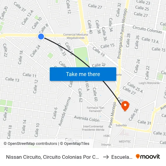 Nissan Circuito, Circuito Colonias Por Calle 19 Y 24, Colonia Yucatán to Escuela Modelo map