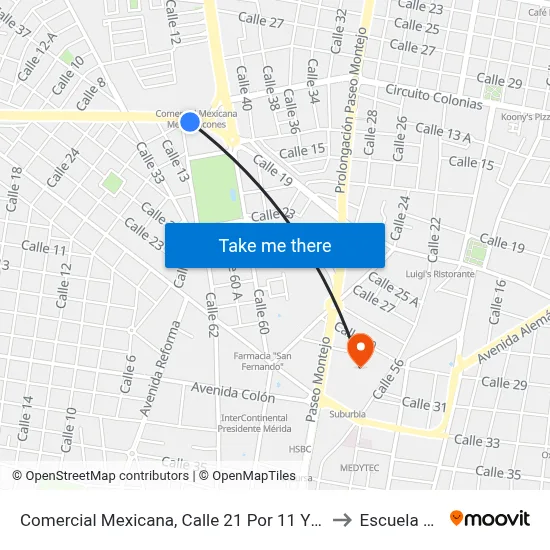 Comercial Mexicana, Calle 21 Por 11 Y 23, Colonia  Yucatán to Escuela Modelo map