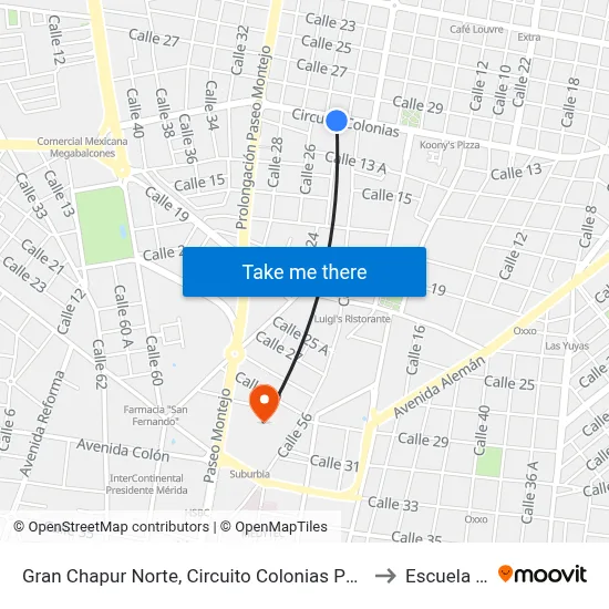 Gran Chapur Norte, Circuito Colonias Por 26 Y 20, Colonia México to Escuela Modelo map