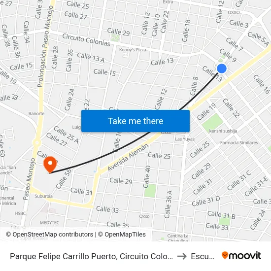Parque Felipe Carrillo Puerto, Circuito Colonias Por Calle 11a, Colonia Felipe Carrillo Puerto Norte to Escuela Modelo map
