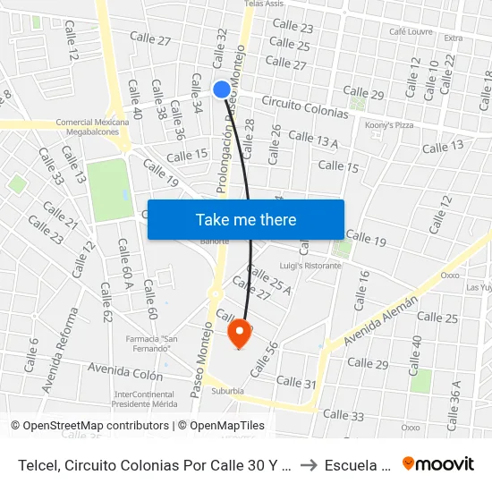Telcel, Circuito Colonias Por Calle 30 Y 32, Colonia Buenavista to Escuela Modelo map