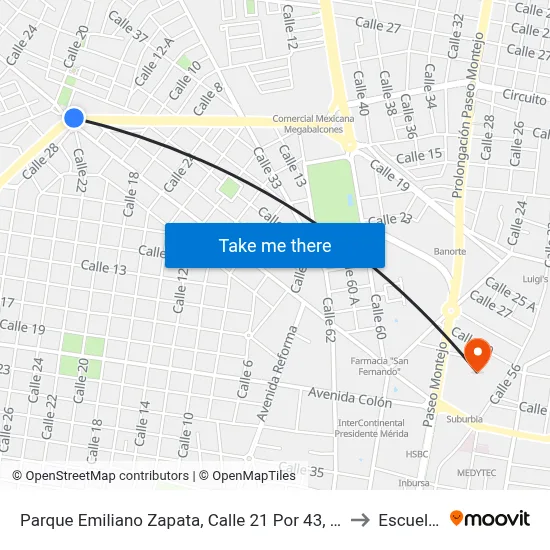 Parque Emiliano Zapata, Calle 21 Por 43, Fraccionamiento Pedregales De Tanlum to Escuela Modelo map