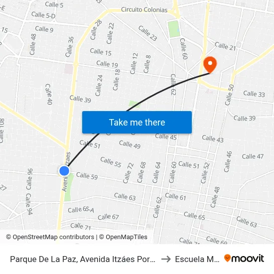 Parque De La Paz, Avenida Itzáes Por Calle 59 Y 61a to Escuela Modelo map