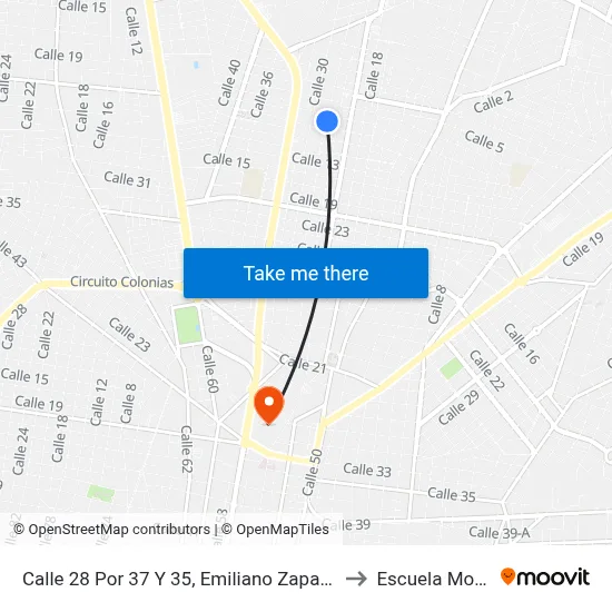 Calle 28 Por 37 Y 35, Emiliano Zapata Norte to Escuela Modelo map