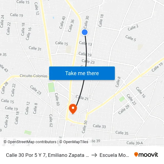 Calle 30 Por 5 Y 7, Emiliano Zapata Norte to Escuela Modelo map