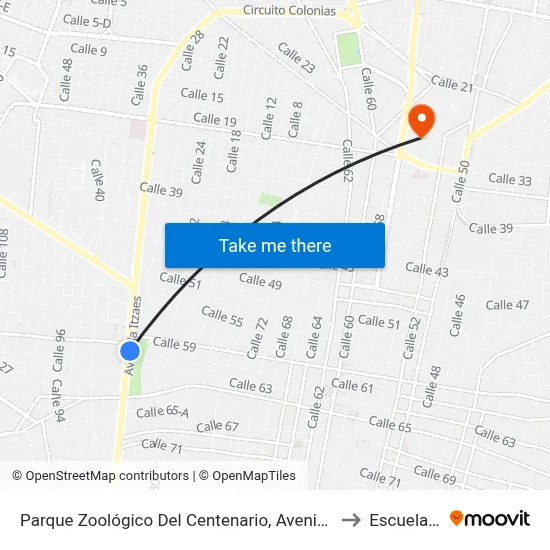 Parque Zoológico Del Centenario, Avenida Itzáes Por Calle 59, Centro to Escuela Modelo map