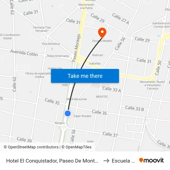 Hotel El Conquistador, Paseo De Montejo Por 37 Y 35,  Centro to Escuela Modelo map