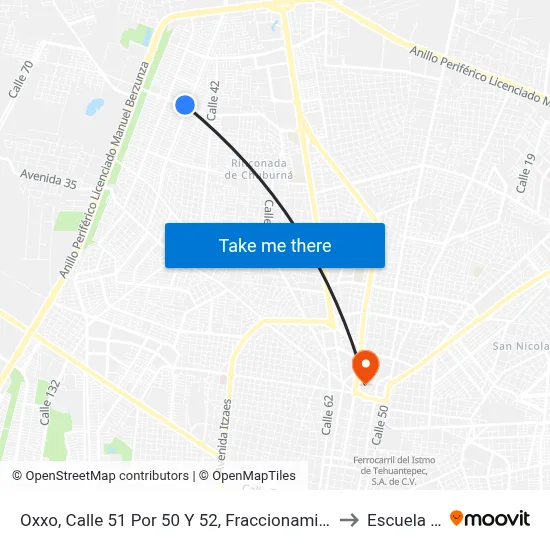 Oxxo, Calle 51 Por 50 Y 52, Fraccionamiento Francisco De Montejo to Escuela Modelo map