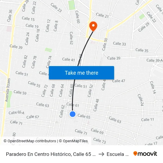 Paradero En Centro Histórico, Calle 65 Por 56 Y 56a, Centro to Escuela Modelo map