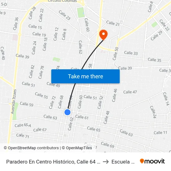 Paradero En Centro Histórico, Calle 64 Por 61 Y 59, Centro to Escuela Modelo map