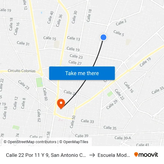 Calle 22 Por 11 Y 9, San Antonio Cinta to Escuela Modelo map