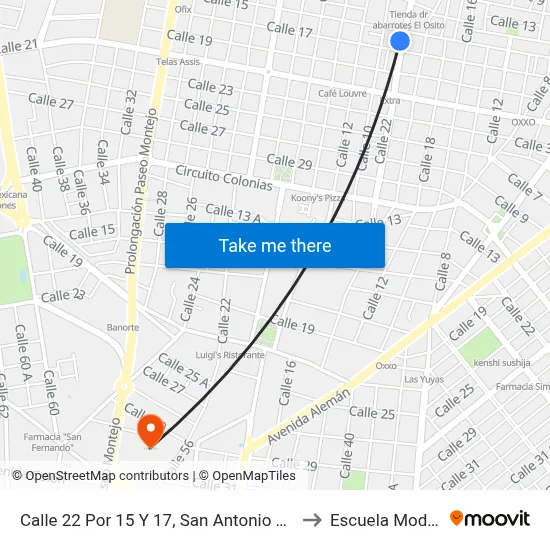 Calle 22 Por 15 Y 17, San Antonio Cinta to Escuela Modelo map
