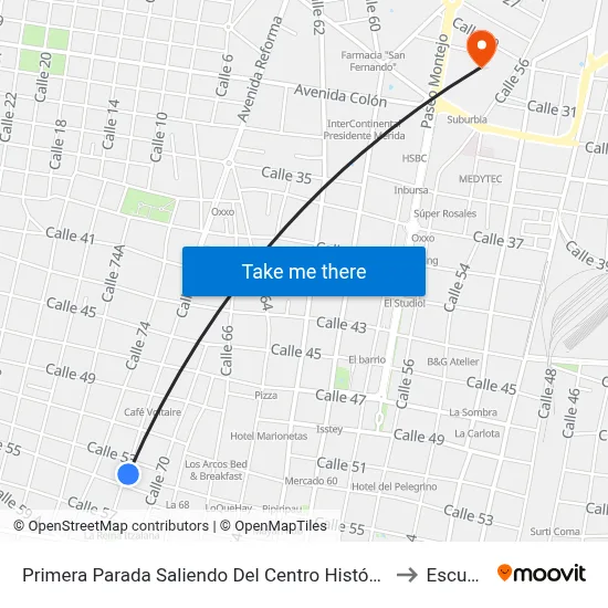 Primera Parada Saliendo Del Centro Histórico, Calle 72 Por 55 Y 53, Barrio De Santiago Centro to Escuela Modelo map