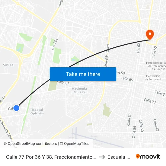 Calle 77 Por 36 Y 38, Fraccionamiento Tixcacal Opichén to Escuela Modelo map