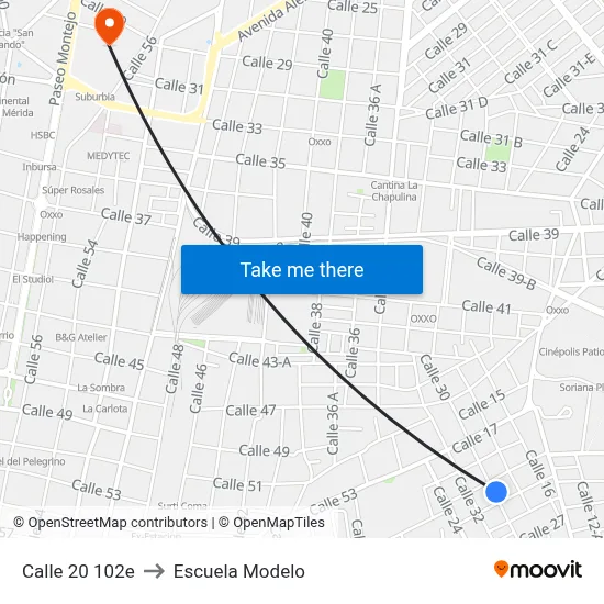 Calle 20 102e to Escuela Modelo map