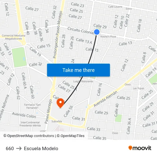 660 to Escuela Modelo map