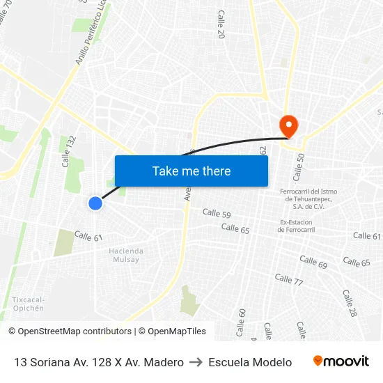 13 Soriana Av. 128 X Av. Madero to Escuela Modelo map