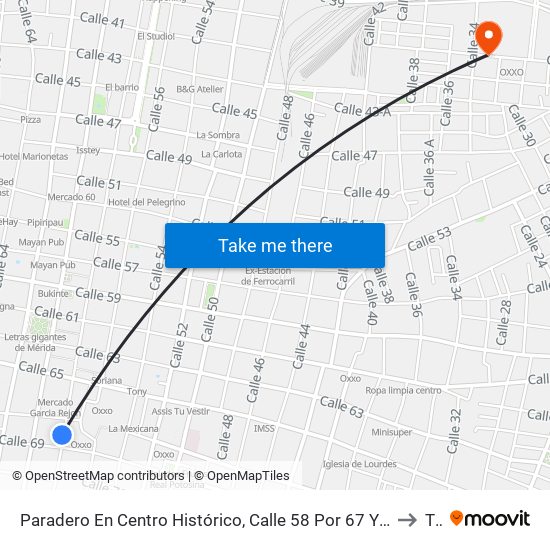 Paradero En Centro Histórico, Calle 58 Por 67 Y 69, Centro to T1 map