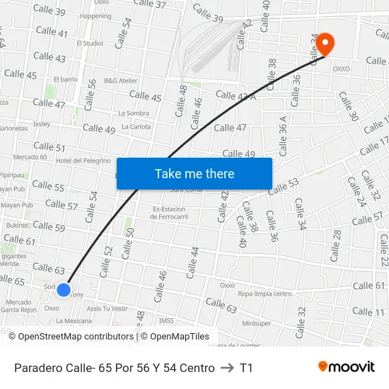Paradero Calle- 65 Por 56 Y 54 Centro to T1 map