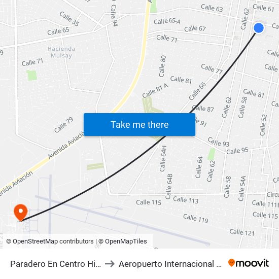 Paradero En Centro Histórico, Calle 58 Por 65 Y 67, Centro to Aeropuerto Internacional De Mérida ""Lic. Manuel Crescencio Rejón"" map