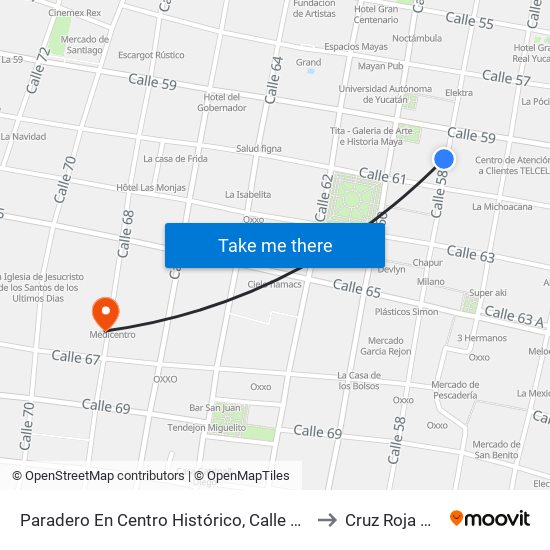 Paradero En Centro Histórico, Calle 58 Por 59 Y 61, Centro to Cruz Roja Mexicana map