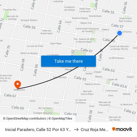 Inicial Paradero, Calle 52 Por 63 Y 65, Centro to Cruz Roja Mexicana map