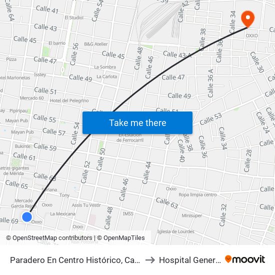 Paradero En Centro Histórico, Calle 58 Por 67 Y 69, Centro to Hospital General Regional 1 map
