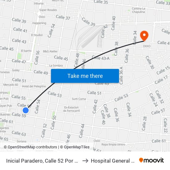 Inicial Paradero, Calle 52 Por 63 Y 65, Centro to Hospital General Regional 1 map