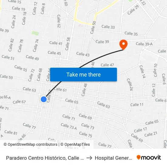 Paradero Centro Histórico, Calle 56 Por 63 Y 61, Centro to Hospital General Regional 1 map