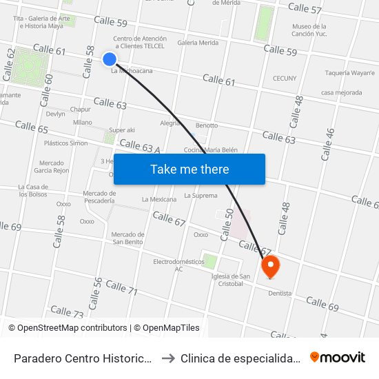 Paradero Centro Historico Calle- 61 Por 56 Y 58 Centro to Clinica de especialidades medicas San cristobal map