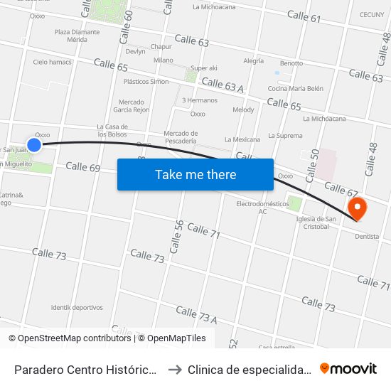 Paradero Centro Histórico Calle 67a Por 62 Y 64, Centro to Clinica de especialidades medicas San cristobal map