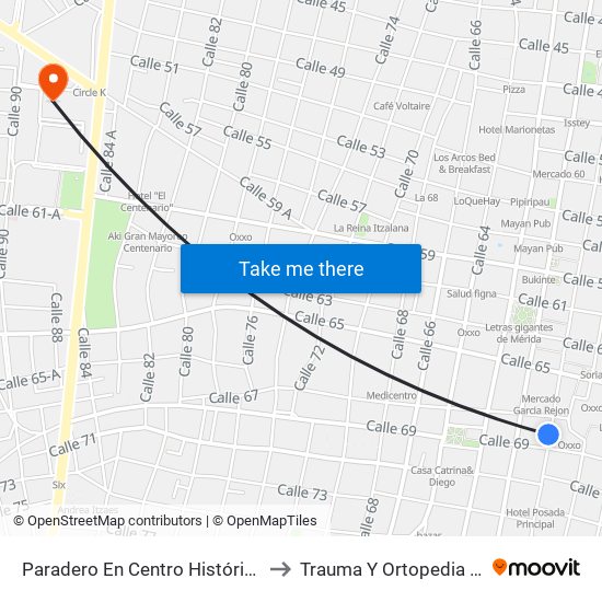 Paradero En Centro Histórico, Calle 58 Por 67 Y 69, Centro to Trauma Y Ortopedia Hospital Agustín Ohorán map