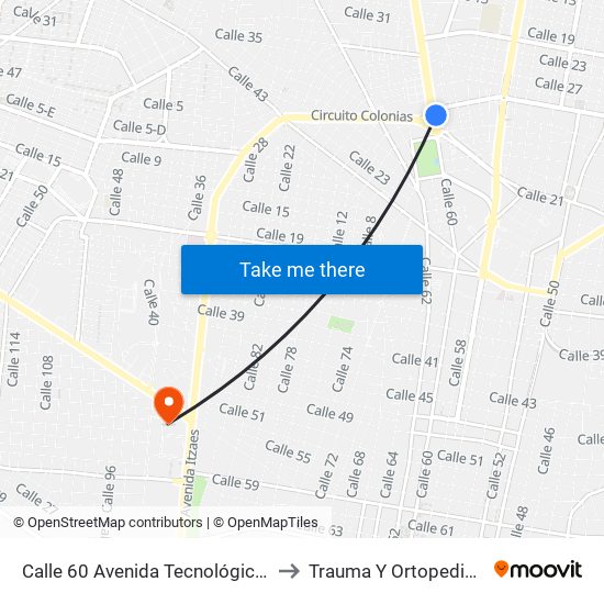 Calle 60 Avenida Tecnológico Por Circuito Colonias, Buenavista to Trauma Y Ortopedia Hospital Agustín Ohorán map