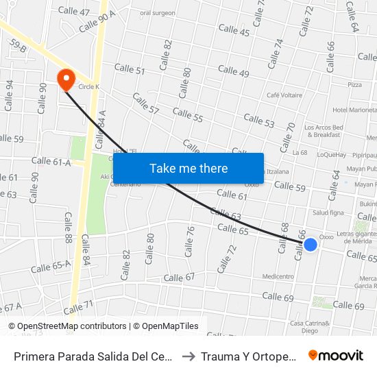 Primera Parada Salida Del Centro Histórico, Calle 65 Por 64 Y 66, Centro to Trauma Y Ortopedia Hospital Agustín Ohorán map