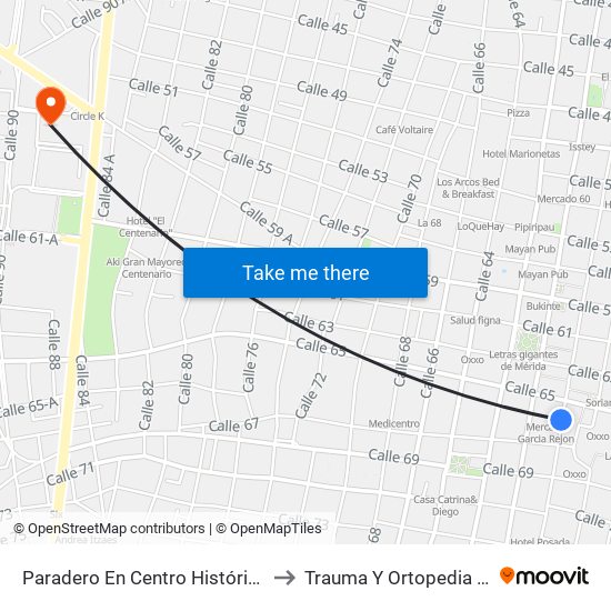 Paradero En Centro Histórico, Calle 58 Por 65 Y 67, Centro to Trauma Y Ortopedia Hospital Agustín Ohorán map