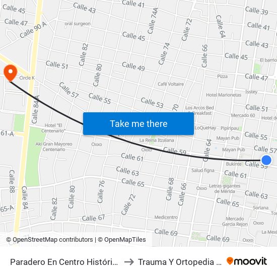 Paradero En Centro Histórico, Calle 58 Por 61 Y 63, Centro to Trauma Y Ortopedia Hospital Agustín Ohorán map