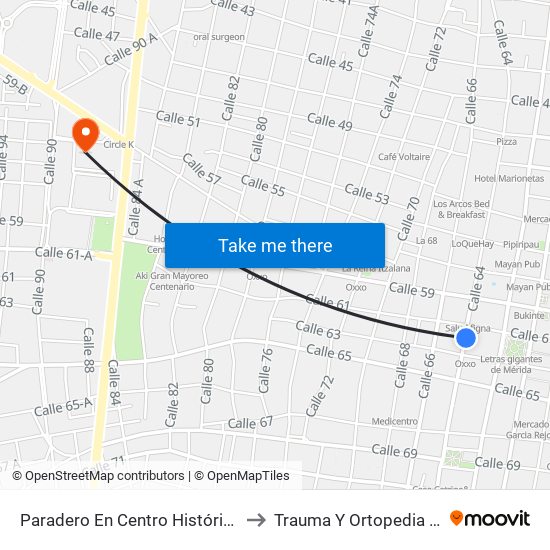 Paradero En Centro Histórico, Calle 64 Por 61 Y 63, Centro to Trauma Y Ortopedia Hospital Agustín Ohorán map