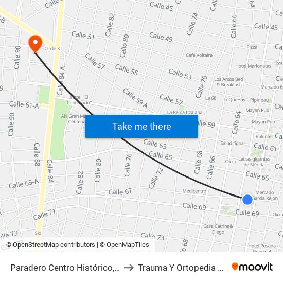 Paradero Centro Histórico, Calle 67 Por 62 Y 60, Centro to Trauma Y Ortopedia Hospital Agustín Ohorán map