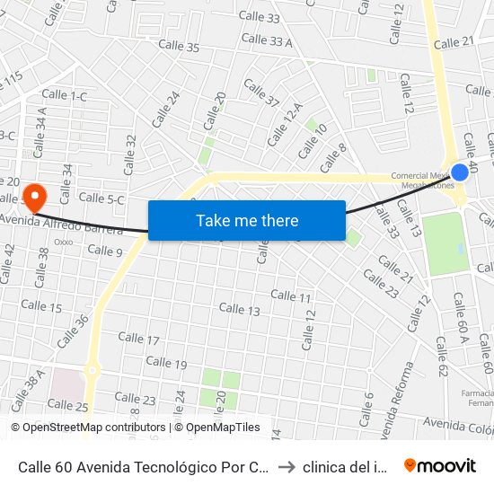 Calle 60 Avenida Tecnológico Por Circuito Colonias, Buenavista to clinica del imss la ceiba map