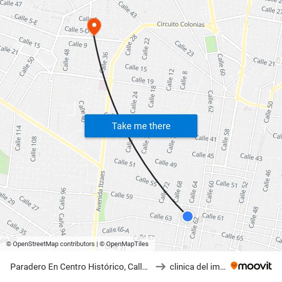 Paradero En Centro Histórico, Calle 64 Por 61 Y 63, Centro to clinica del imss la ceiba map