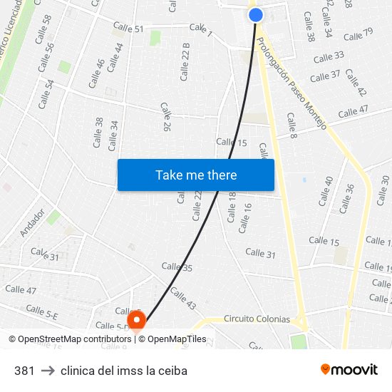 381 to clinica del imss la ceiba map