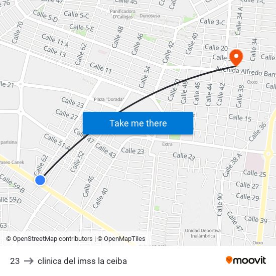 23 to clinica del imss la ceiba map