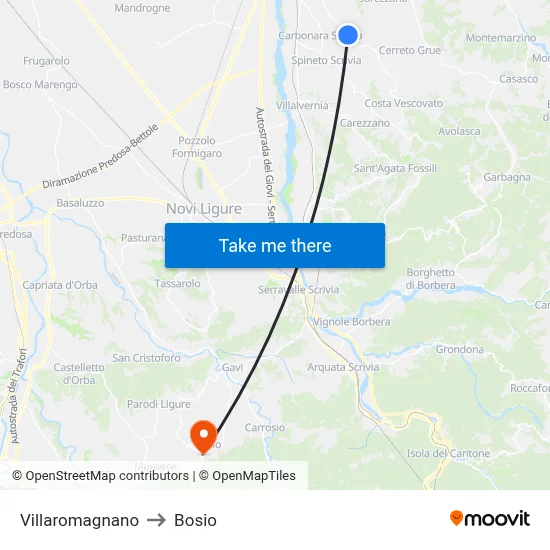 Villaromagnano to Bosio map