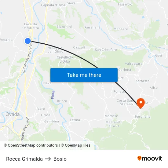 Rocca Grimalda to Bosio map