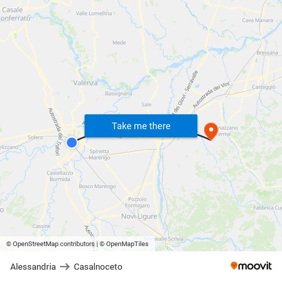 Alessandria to Casalnoceto map